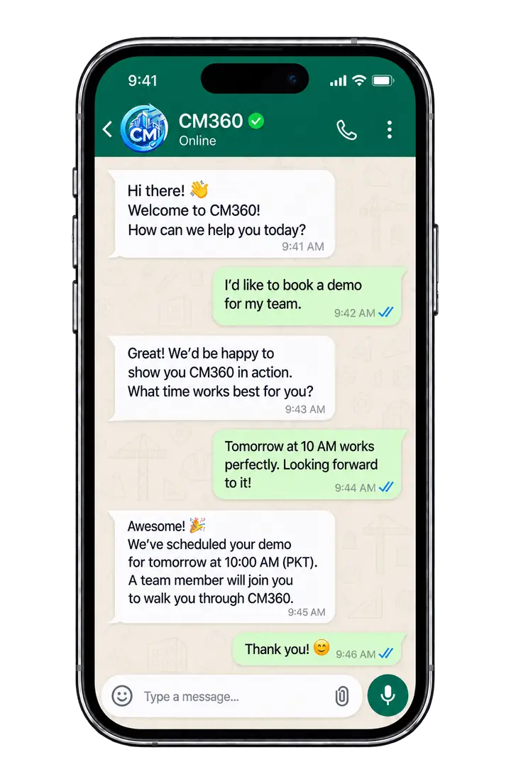 CM360 WhatsApp chat on a phone — the easiest way to talk to CM360