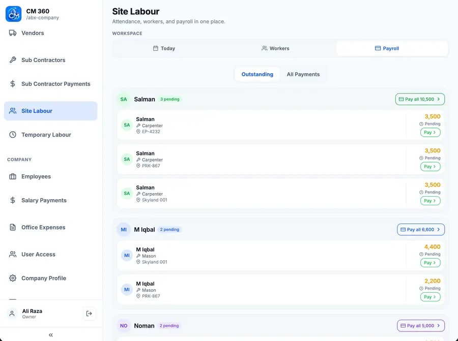CM360 desktop Site Labour dashboard for office teams