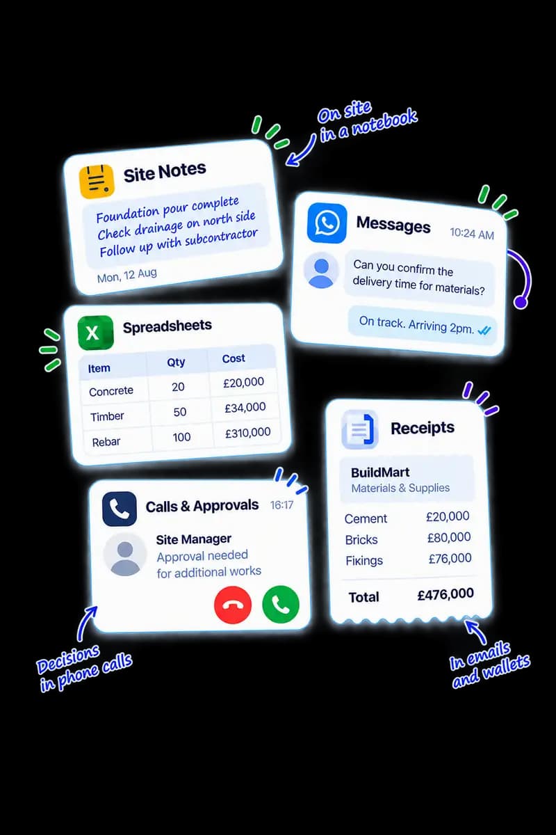 Construction records scattered across site notes, chat messages, spreadsheets, phone calls and paper receipts