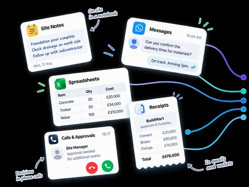 Scattered construction records across notebooks, messages, spreadsheets, calls and receipts