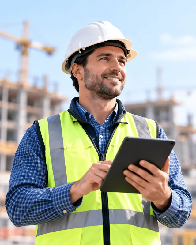 Construction manager on site reviewing work on a tablet