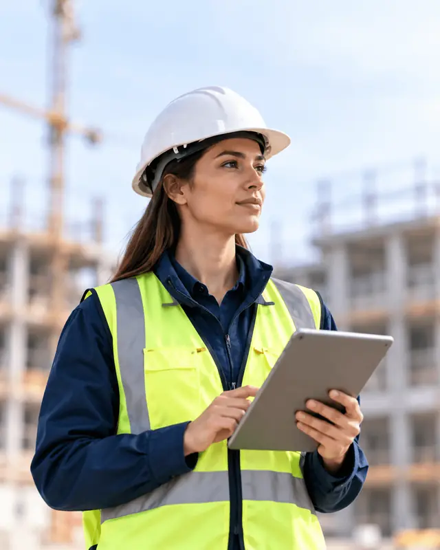 Site supervisor on a construction site using a tablet