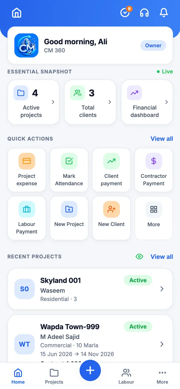 CM360 mobile home screen with projects, quick actions and attendance